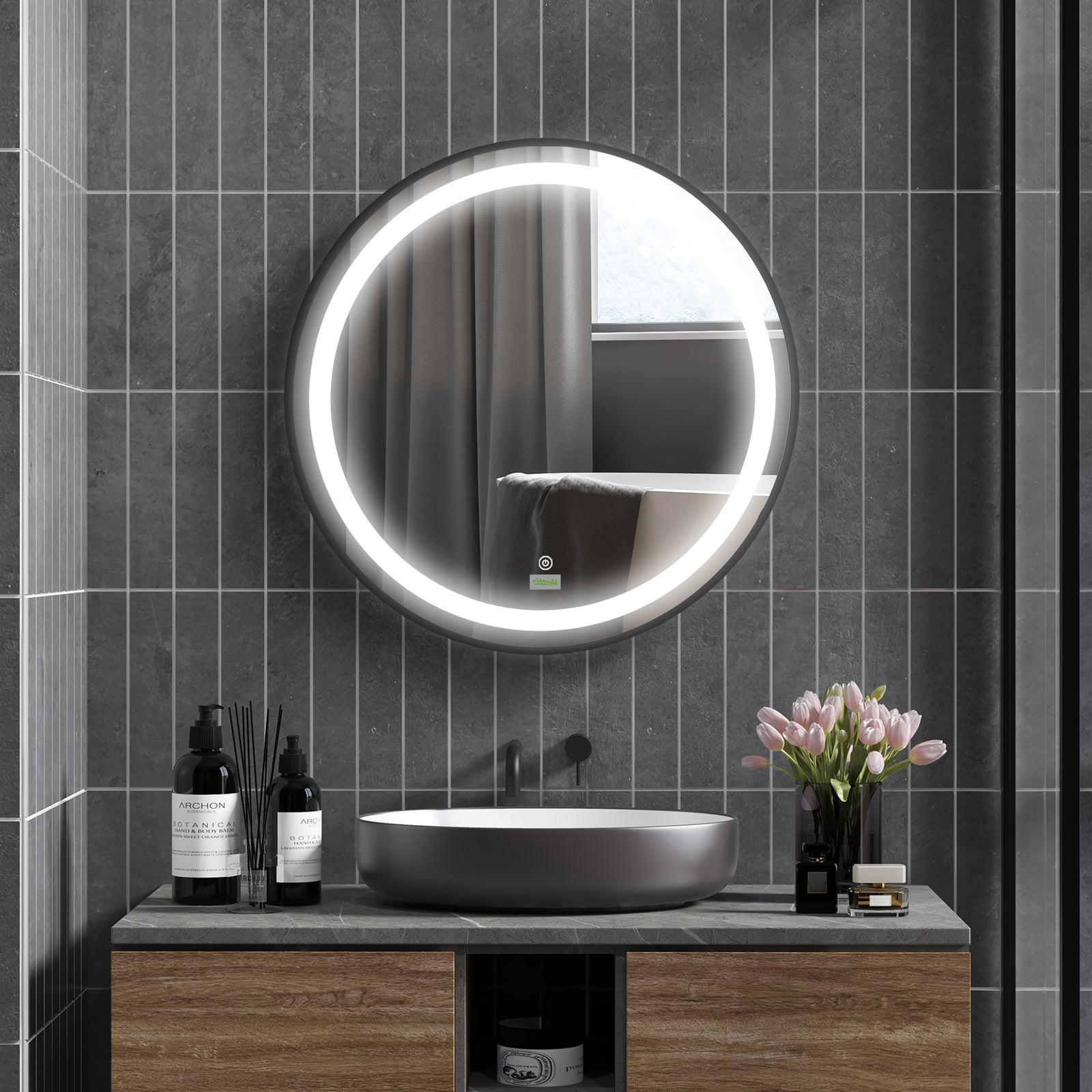 Round LED Bathroom Mirror, Dimmable Lighted Wall-Mounted Mirror with 3 Temperature Colours, Memory Function, Hardwired