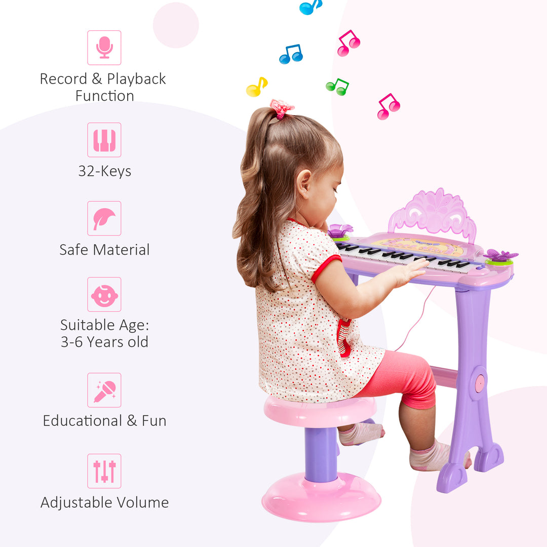 HOMCOM Electronic Organ for Kids, Mini Piano with Microphone and Stool, Interactive Music Play, Purple/Pink | Aosom UK