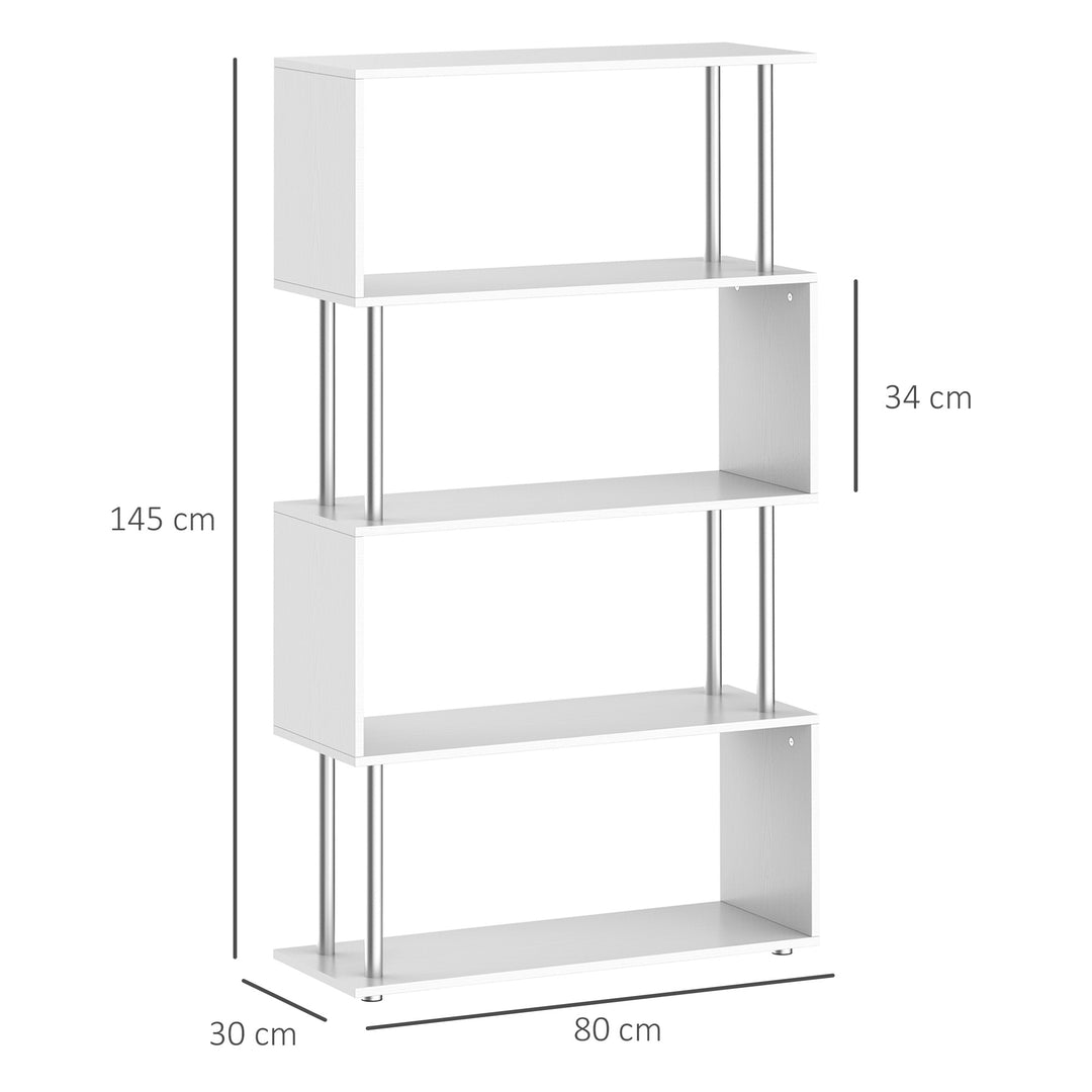 MCL S Shape Bookcase, 5 Tiers Bookshelf, Modern Freestanding Storage Shelf for Home Office, Study, Living Room, 80 x 30 x 145cm, White
