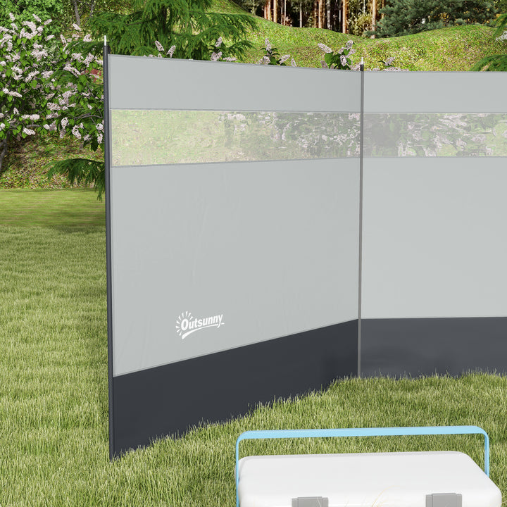Camping Windbreaker with Clear Windows, Carry Bag and Steel Poles, for Beach Caravan Campervan, 440 x 140cm, Grey