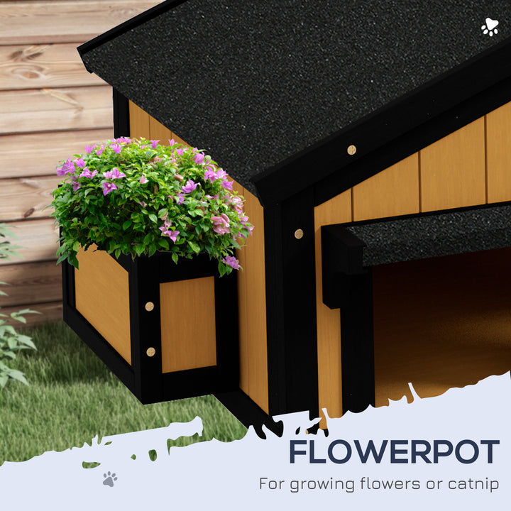 Wooden Cat House with Flower Pot, Windows, Multiple Entrances, Water-Resistant Roof for Outdoor - Yellow