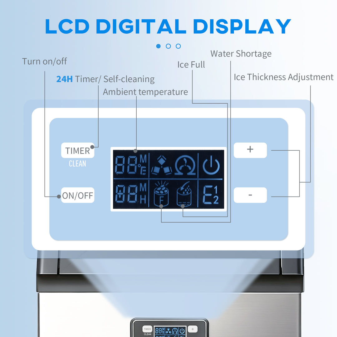 Commercial Ice Maker Machine, Freestanding Stainless Steel Ice Machine with Self-Cleaning, LCD Display, 45kg/24 Hours and 11kg Storage for Home, Office, Bar, Restaurant