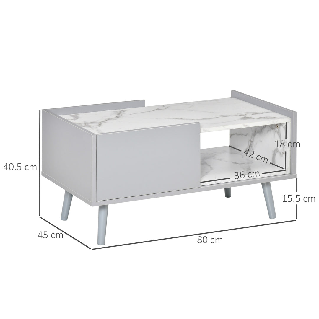 White Coffee Table with Faux Marble Top, 2-Tier Wood Center Table Sofa Table with Storage Drawer and Shelf for Home Living Room Reception Room