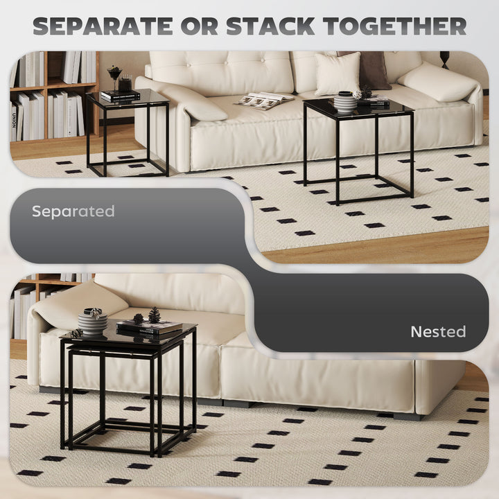 Nest of Tables, Set of 2 Coffee Table, Side Tables with Tempered Glass Desktop and Metal Frame for Living Room, Bedroom, Office, Black
