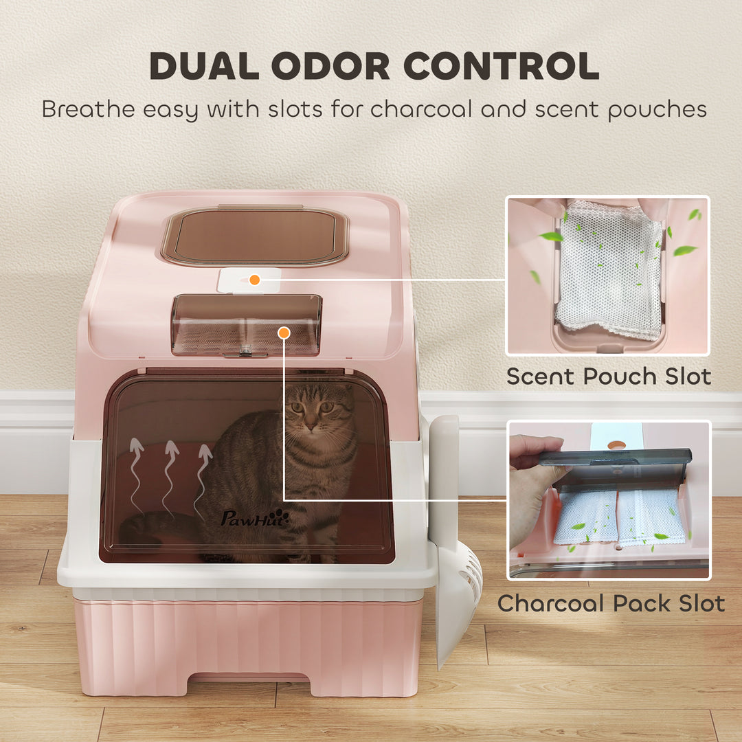 Enclosed Cat Litter Box with Lid, Pull-Out Drawer Tray, Scoop, 4 Deodo