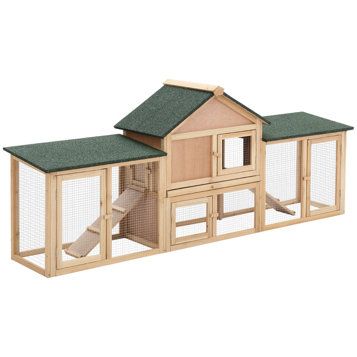 PawHut Deluxe Two-Storey Wooden Bunny Rabbit Hutch, Guinea Pig Hutch, w/ Ladder Outdoor Run Box Slide-out Tray 210 x 45.5 x 84.5 cm