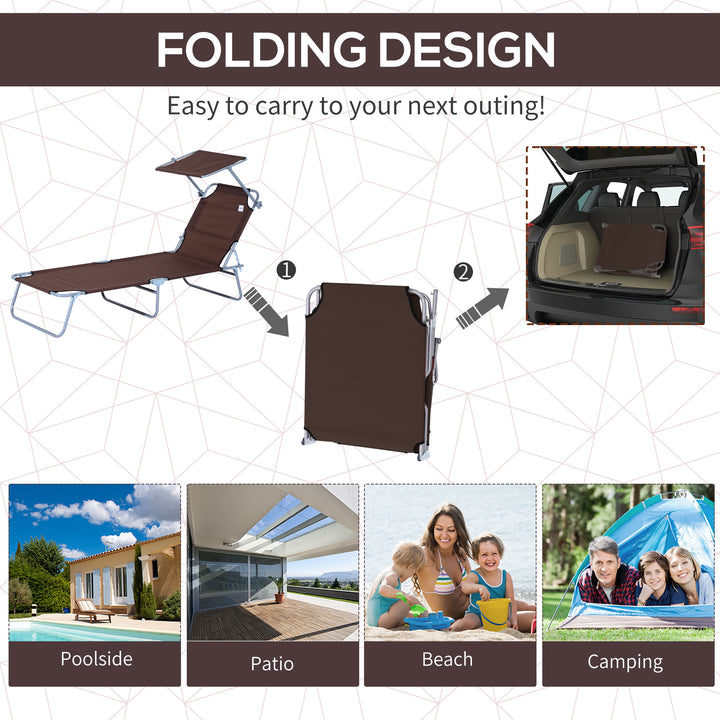 Outdoor Foldable Sun Lounger, 4 Level Adjustable Backrest Reclining Sun Lounger Chair with Angle Adjust Sun Shade Awning for Beach, Garden, Patio, Brown