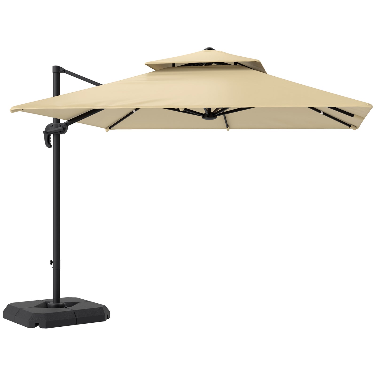 2.7 x 2.7(m) Cantilever Parasol with Aluminium Frame, Crank and Tilt, 360-Degree Rotation, Double Top Garden Umbrella with Base and Cover, Khaki