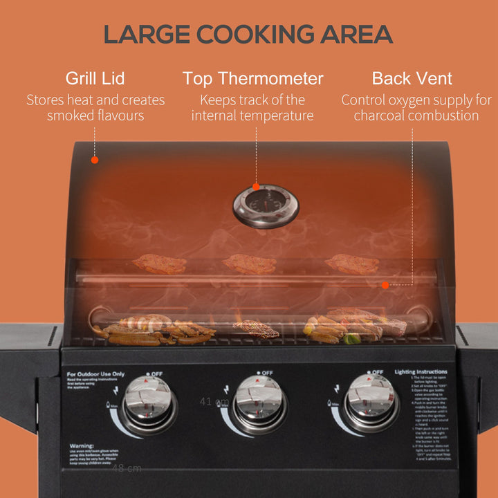3 Burner Gas BBQ Grill Outdoor Portable Barbecue Trolley w/ Warming Rack, Side Shelves, Storage Cabinet, Thermometer, Carbon Steel, Black