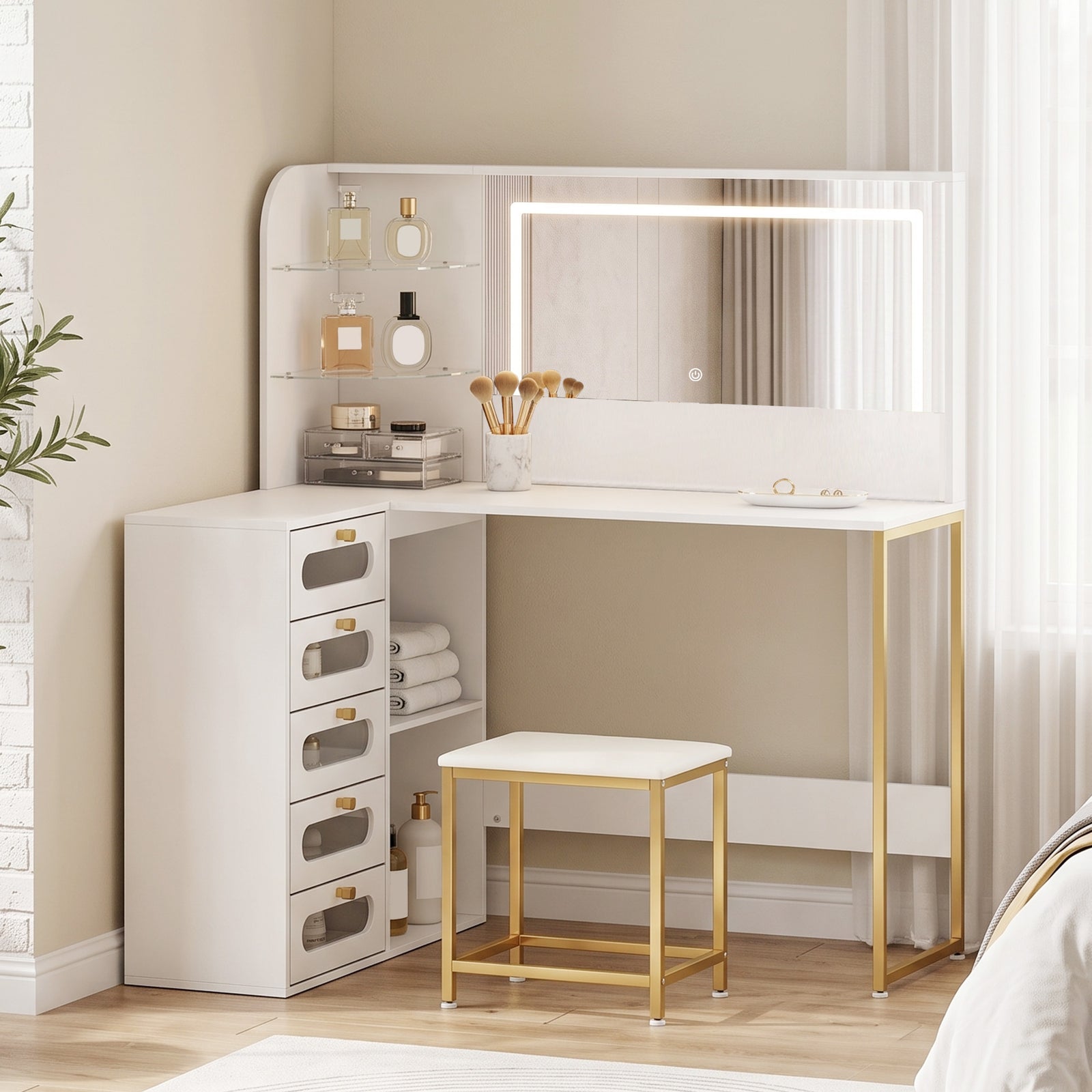Dressing Table with LED Mirror and Stool, L-Shaped Vanity Desk with Dr