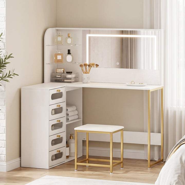 Dressing Table with LED Mirror and Stool, L-Shaped Vanity Desk with Dr