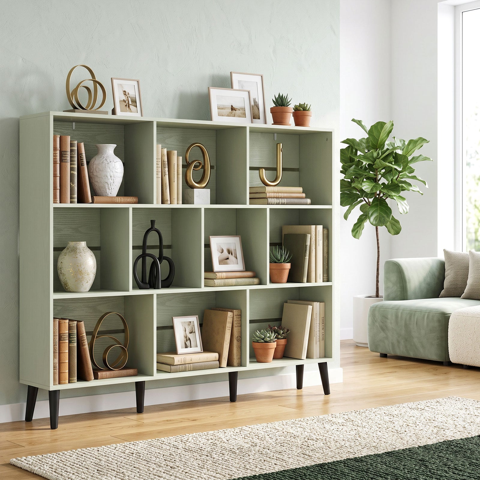 10-Cube Bookcase, 3-Tier Book Shelf with Solid Wood Legs, 140 cm Moder
