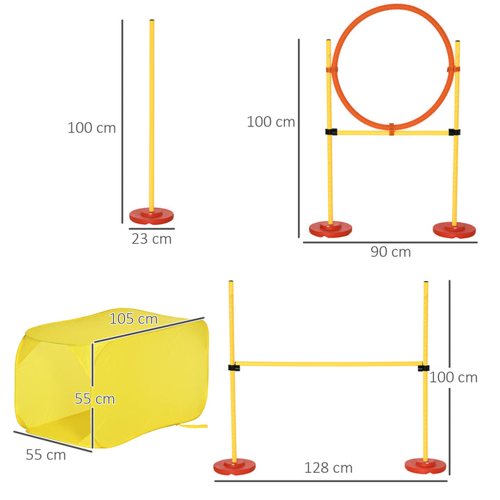 Dog Agility Equipment Portable Pet Training Obstacle Set for Dogs 5 Pieces w/ Adjustable High Jumping Pole, Jumping Ring, Weave Poles, Tunnel