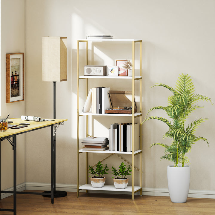 5-Tier Bookshelf, Modern Bookcase with Metal Frame - White and Gold To