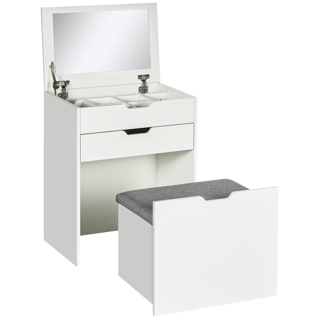 MCL Dressing Table with Flip-up Mirror and Storage Stool, Vanity Table with Drawer and Hidden Compartments for Bedroom, Living Room, White