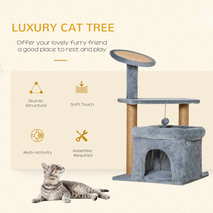 PawHut Cat Tree Tower Kitten Activity Center with Scratching Posts Pad Condo Perch Bed Interactive Ball Toy 48 x 48 x 84cm, Grey | Aosom UK