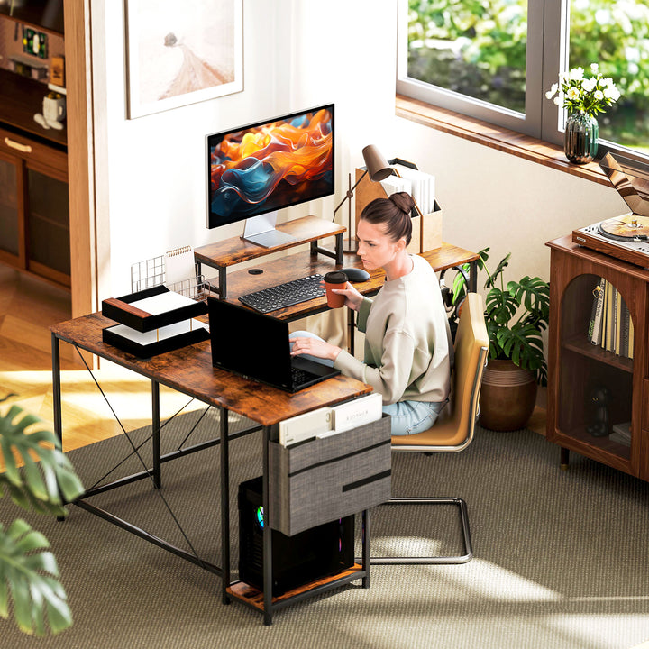168cm Reversible L Shaped Desk, Industrial Corner Computer Desk with Adjustable Shelf and Storage Bag, 240cm 2 Person PC Table with Monitor Stand, Rustic Brown