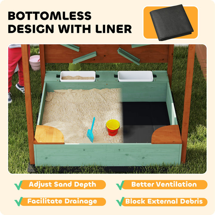 AIYAPLAY Wood Sandpit with Canopy, Storage Bins, Funnel, Liner, Chutes, Bucket with Tap, 116 x 112.5 x 128 cm, Green