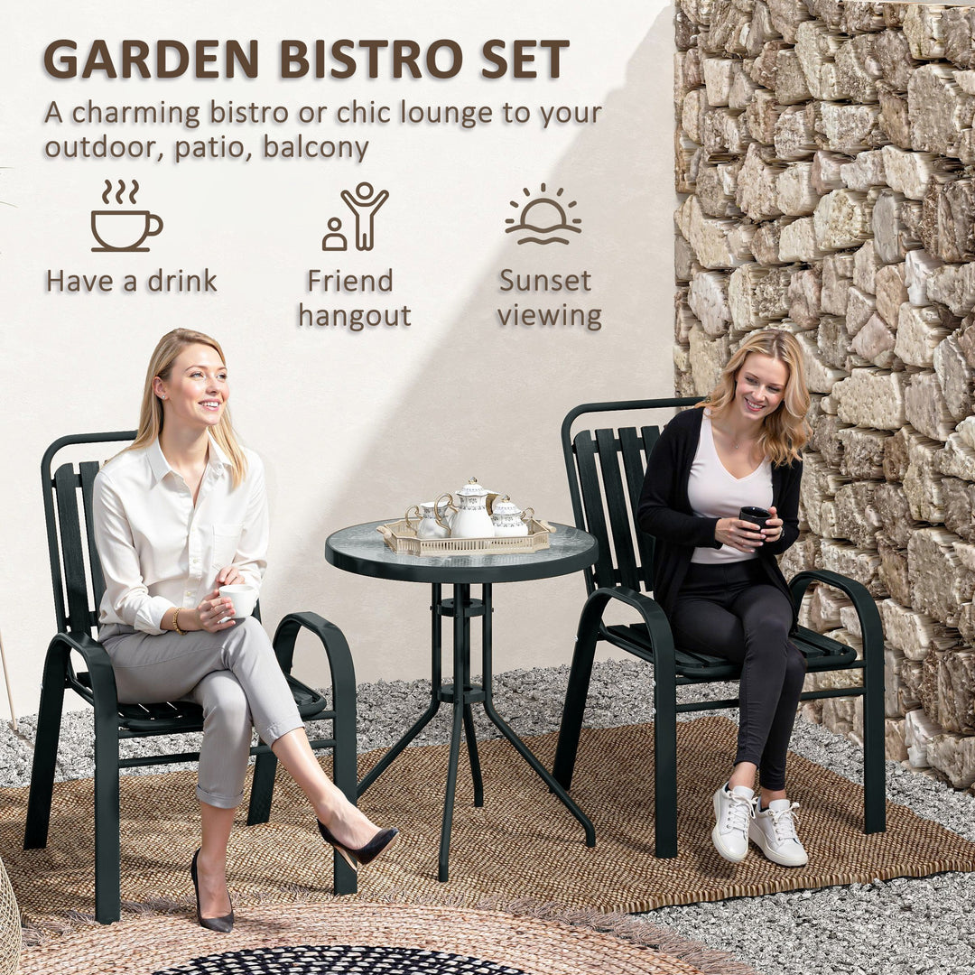 3 Pieces Patio Bistro Set with Stackable Chairs, Tempered Glass Table, for Outdoor, Balcony, Patio, Garden Charcoal Grey