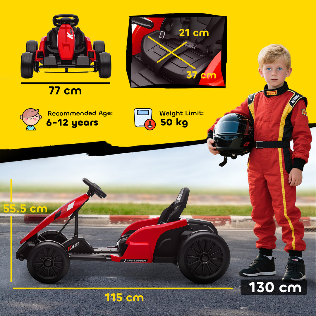 24V Electric Go Kart, Drift Kart with Adjustable Seat, Slow Start, 5-Point Harness, Music, Horn, for 6-12 Years