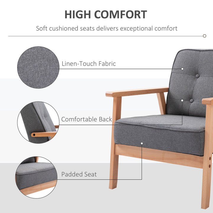 Armchair, Linen Fabric Accent Chair, Occasional Chair with Beech Wood Frame for Living Room, Reception, Bedroom, Balcony, Set of 2, Grey and Natural
