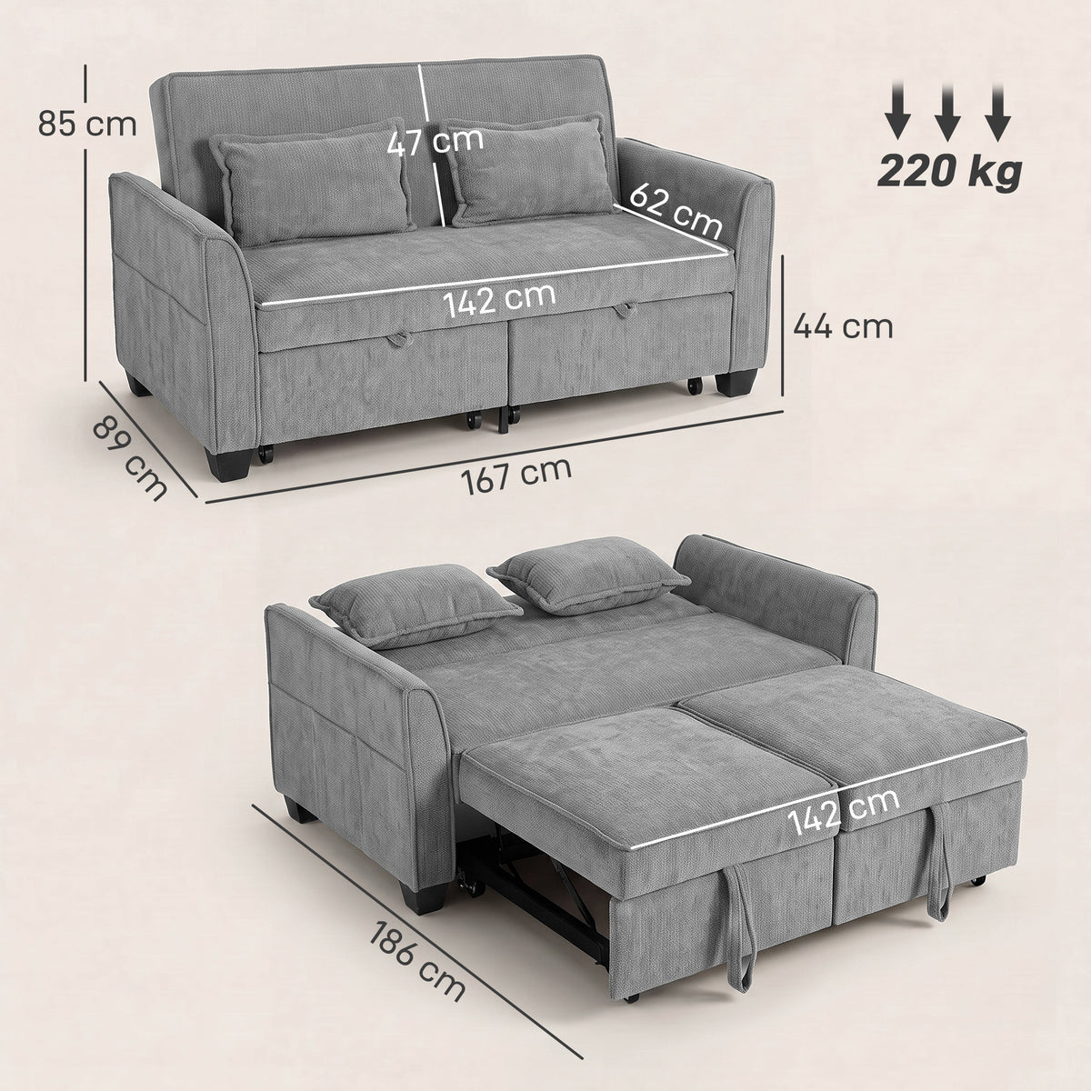 2 Seater Sofa Bed, 4-in-1 L-Shaped Convertible Pull-Out Sleeper Sofa w