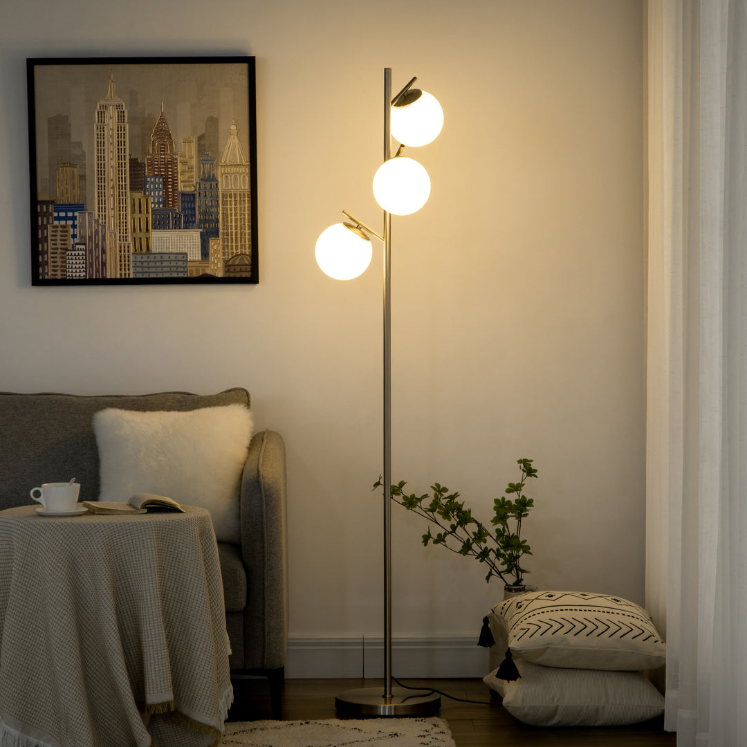 3-Light Tree Floor Lamps for Living Room, Modern Standing Lamp for Bedroom with Globe Lampshade, Steel Base, Bulb not Included, Silver