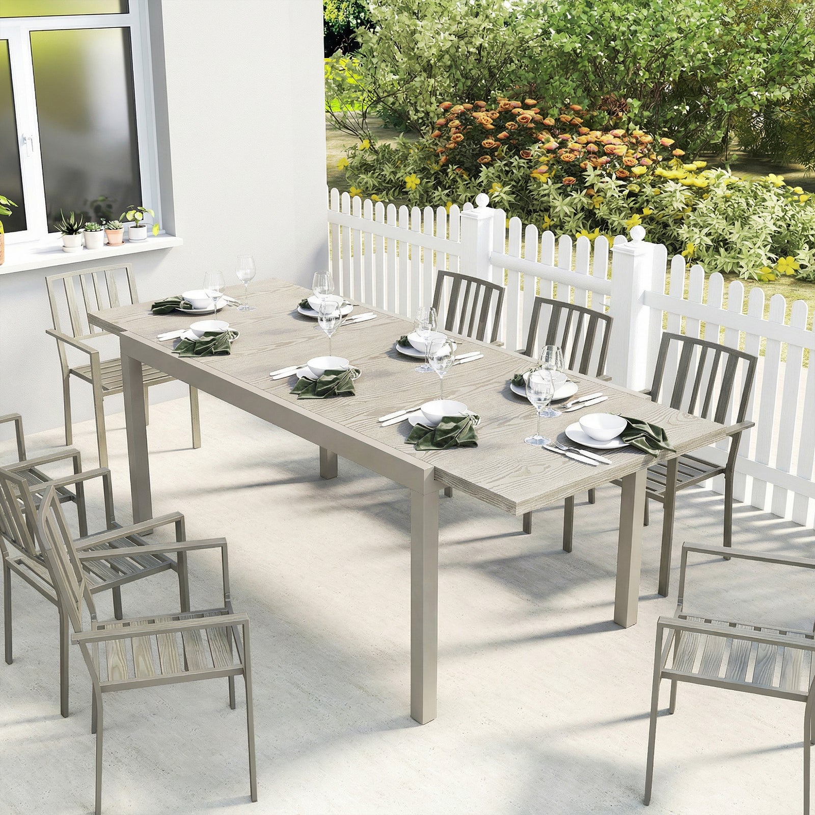 Extending Garden Table, Aluminium Outdoor Dining Table for 8-10 with W