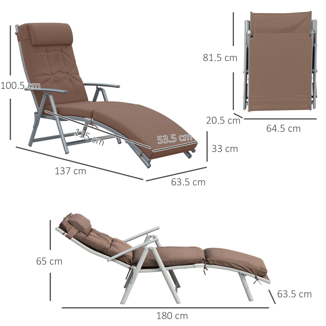 Sun Lounger Steel Frame Outdoor Folding Chaise Texteline Lounge Chair Recliner with Headrest & 7 Levels Adjustable Backrest, Brown