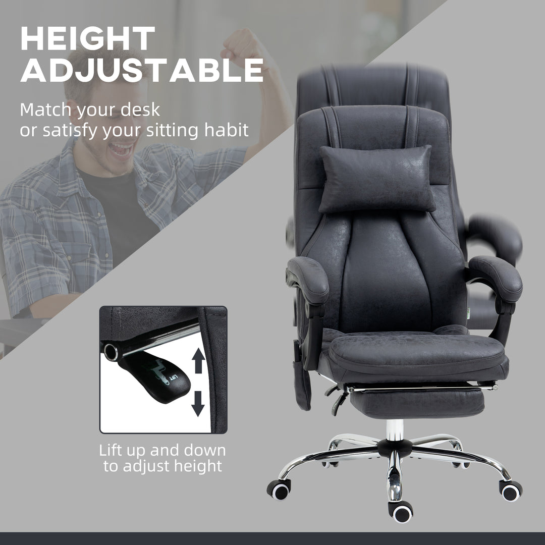 Office Chair with Lumbar Massage, 135° Reclining Computer Chair with Adjustable Headrest, Retractable Footrest, 10cm Double Padded Seat, Microfiber Fabric, Metal Base, Dark Grey