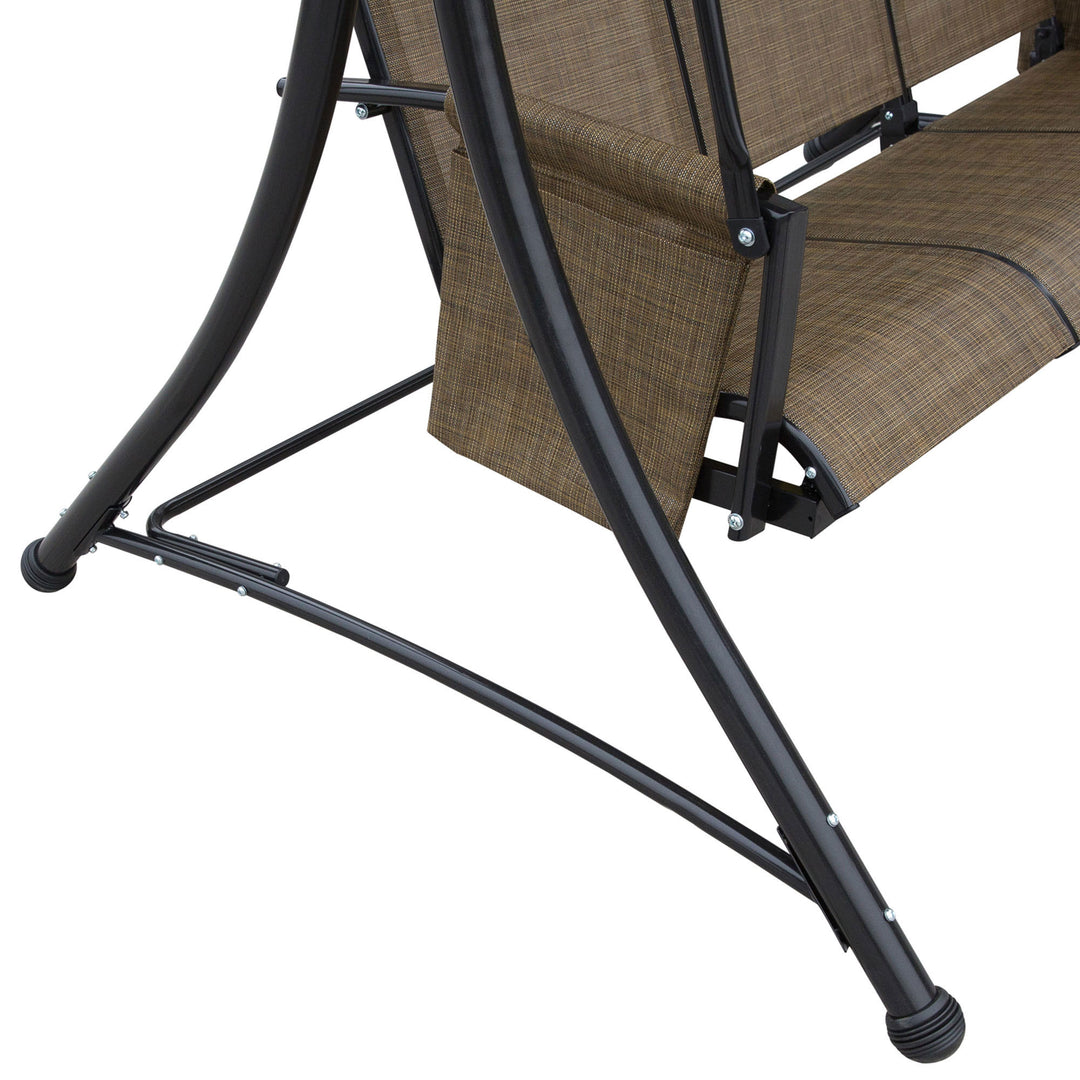 3 Seater Garden Swing Seat Outdoor Swing Chair with High Back Design, Steel Frame, Side Pouches, Adjustable Canopy, Brown
