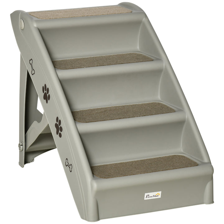 PawHut Foldable Pet Stairs, 4-Step for Cats Small Dogs with Non-slip Mats, 62 x 38 x 49.5 cm, Grey | Aosom UK