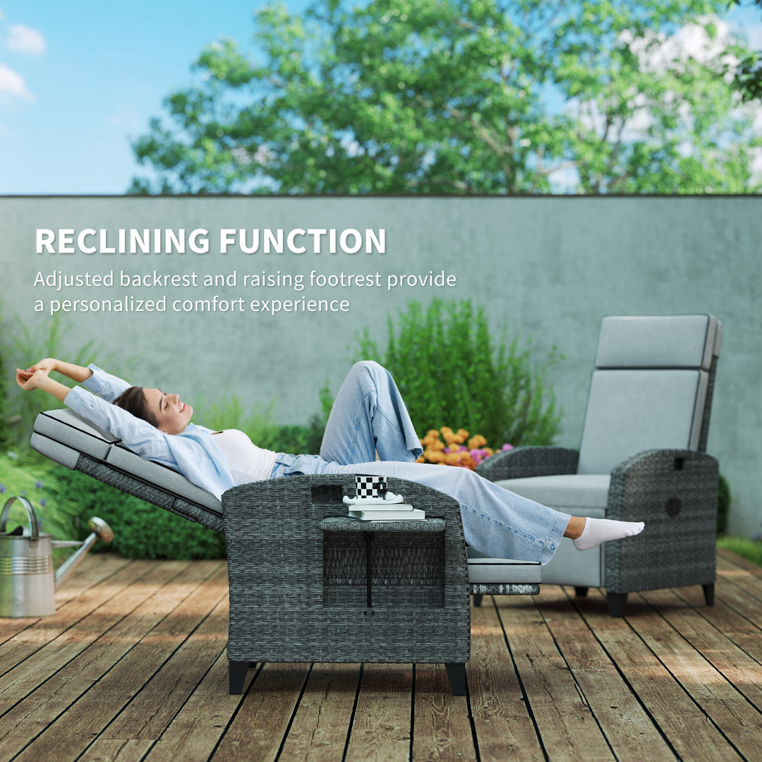 Outdoor Recliner Chair with Adjustable Backrest and Footrest, Cushion, Side Tray, Light Grey/Grey