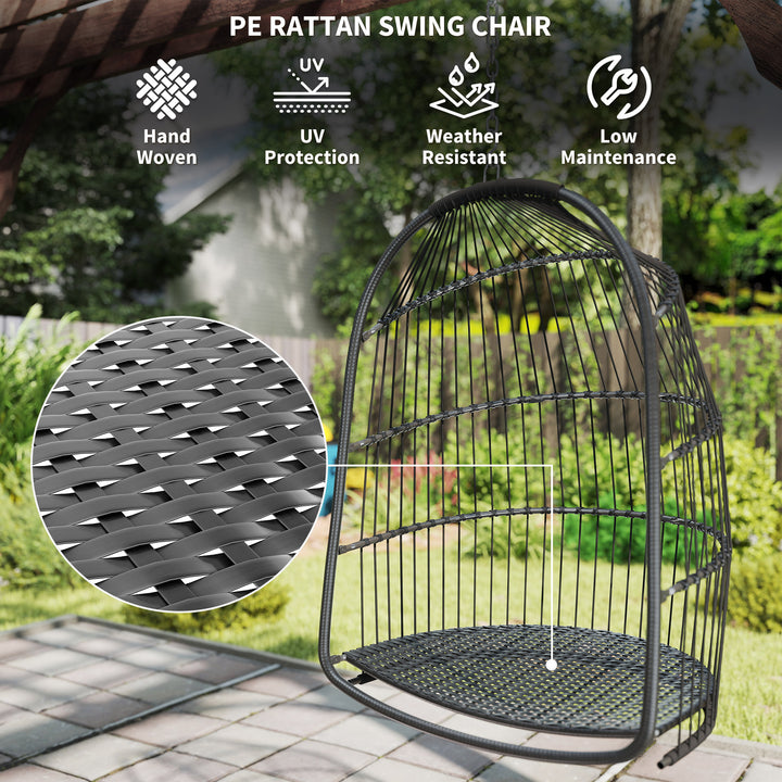 Hanging Egg Chair, Foldable Rattan Garden Swing Chair with Installation Kit, Thickened Cushion and Headrest, Indoor Outdoor Hanging Egg Basket Seat for Patio, Porch, Dark Grey