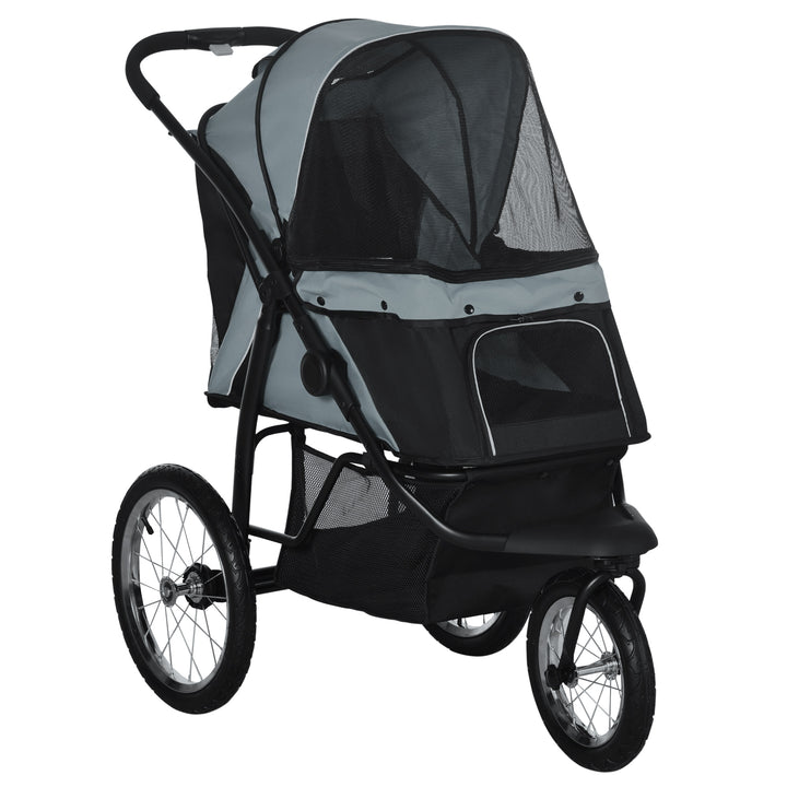 PawHut Pet Stroller Jogger for Medium Small Dogs, Foldable Cat Pram Dog Pushchair with Adjustable Canopy, 3 Big Wheels, Grey | Aosom UK