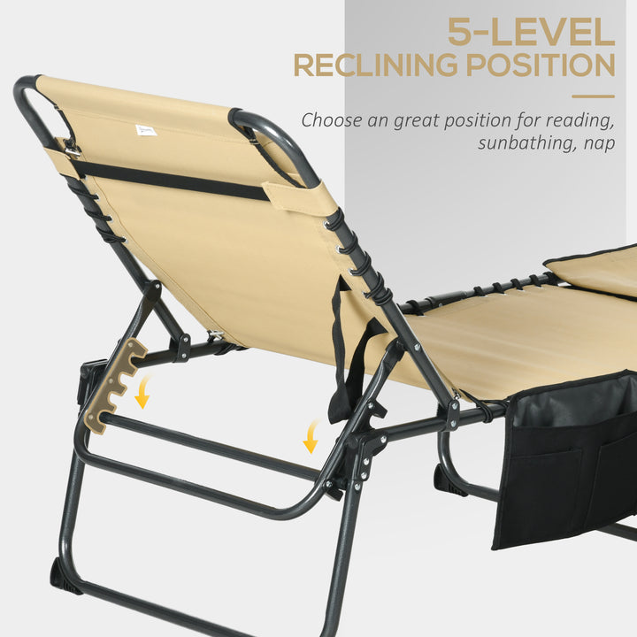 Folding Sun Lounge with 5-level Reclining Back, Outdoor Tanning Chair with Reading Hole, Outdoor Sun Lounge with Side Pocket, Headrest, for Beach, Yard, Patio, Beige