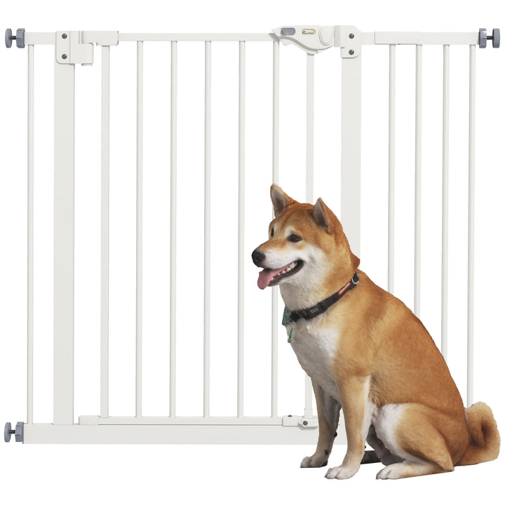 PawHut Flexible Pet Gate: Adjustable Metal Barrier for Dogs, 74-94cm Width, Secure Fit, White | Aosom UK