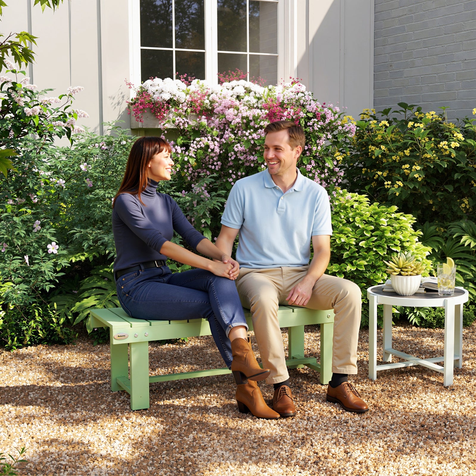 Wooden Garden Bench, Backless Outdoor Loveseat with Slatted Seat, Ligh