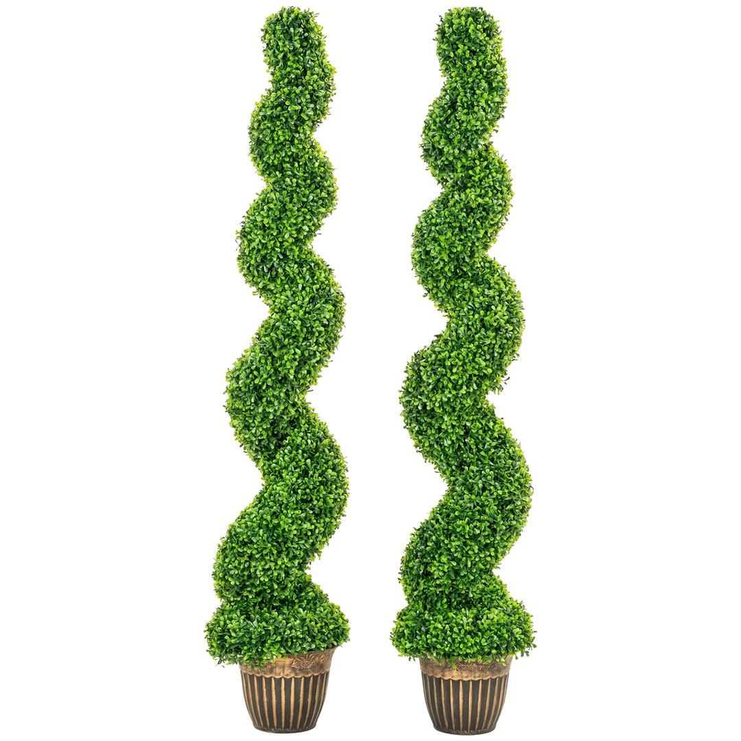 Set of 2 Artificial Plants, Topiary Spiral Boxwood Trees with Pot, for