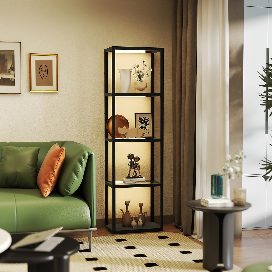 LED Floor Lamp with Glass Shelves, 4 Layers Dimmable Tall Standing Lamp, Modern Column Shelf Floor Light for Living Room, Bedroom, Office, Black
