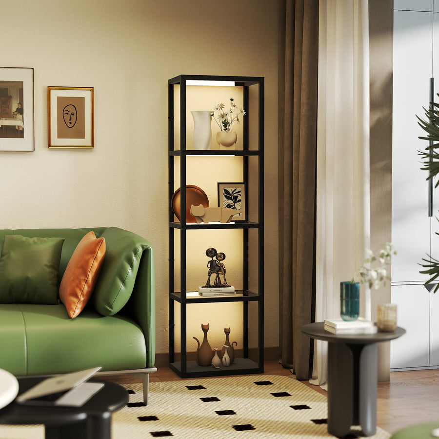 LED Floor Lamp with Glass Shelves, 4 Layers Dimmable Tall Standing Lamp, Modern Column Shelf Floor Light for Living Room, Bedroom, Office, Black