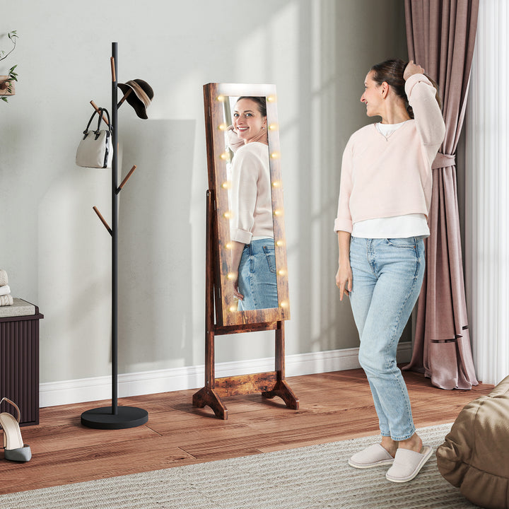 Freestanding Mirror Jewelry Cabinet with LED Lights, Jewellery Organiser with 3 Angle Adjustable, Full-Length Mirror with Storage for Earrings, Necklaces, Rings and Lipsticks, Rustic Brown