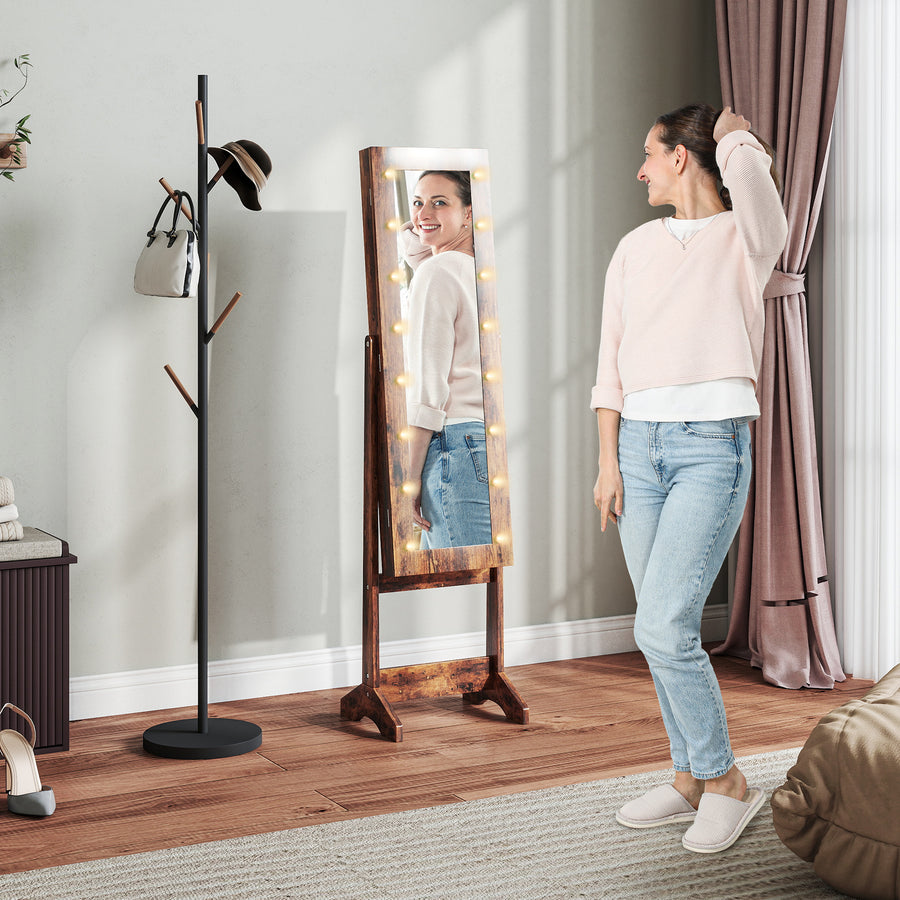 Freestanding Mirror Jewelry Cabinet with LED Lights, Jewellery Organiser with 3 Angle Adjustable, Full-Length Mirror with Storage for Earrings, Necklaces, Rings and Lipsticks, Rustic Brown