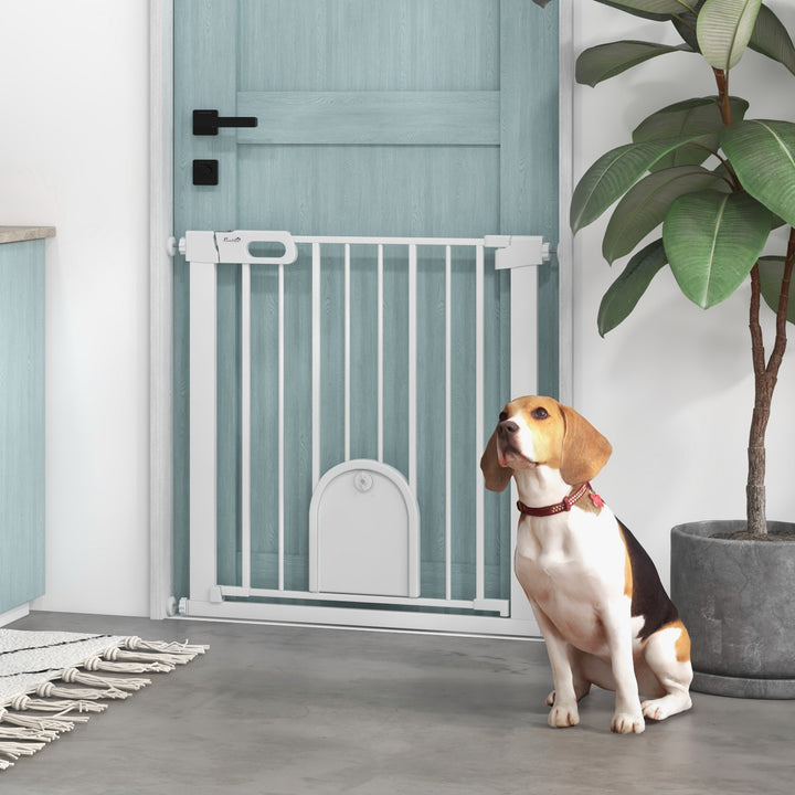 PawHut 75-82cm Pet Safety Gate with Double Locking, Pressure Fit Stair with Cat Flat for Doorways, Hallways, White | Aosom UK