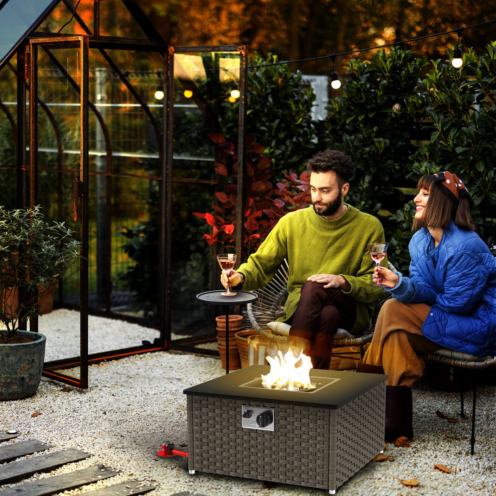 Rattan Gas Fire Pit Table for Garden, 13 KW Smokeless Propane Fire Pit with Lid, Square Garden Coffee Table with Patio Heater for Outdoor, Patio, 58 x 58 x 33 cm, Grey