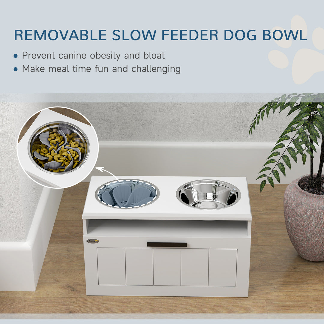 Raised Dog Bowl with Slow Feeder, Two Stainless Steel Dog Bowls, Drawer, for Large and Extra Large Dogs, White