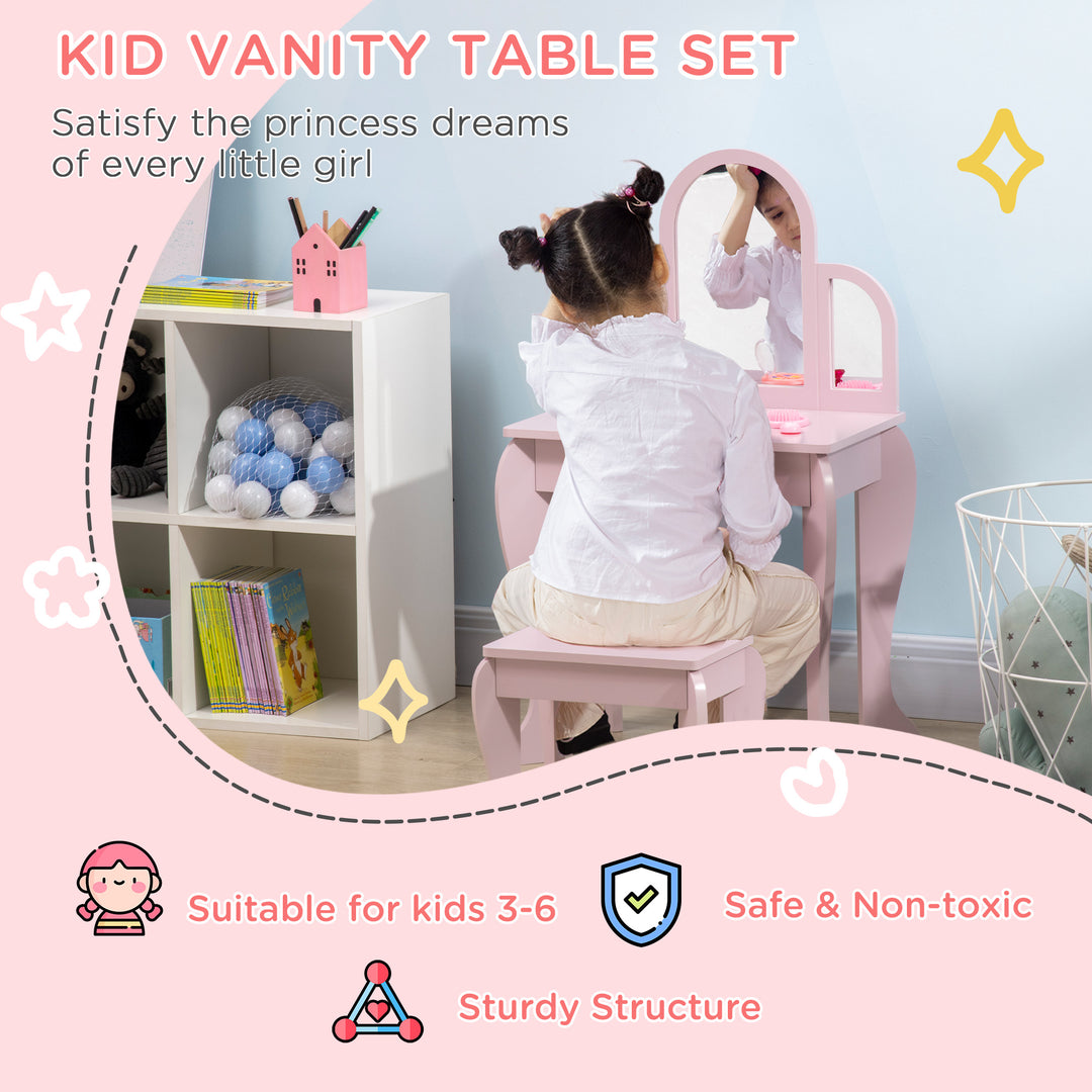 HOMCOM Kids Dressing Table with Mirror and Stool, Kids Vanity Set, Girl Makeup Desk with Drawer for 3