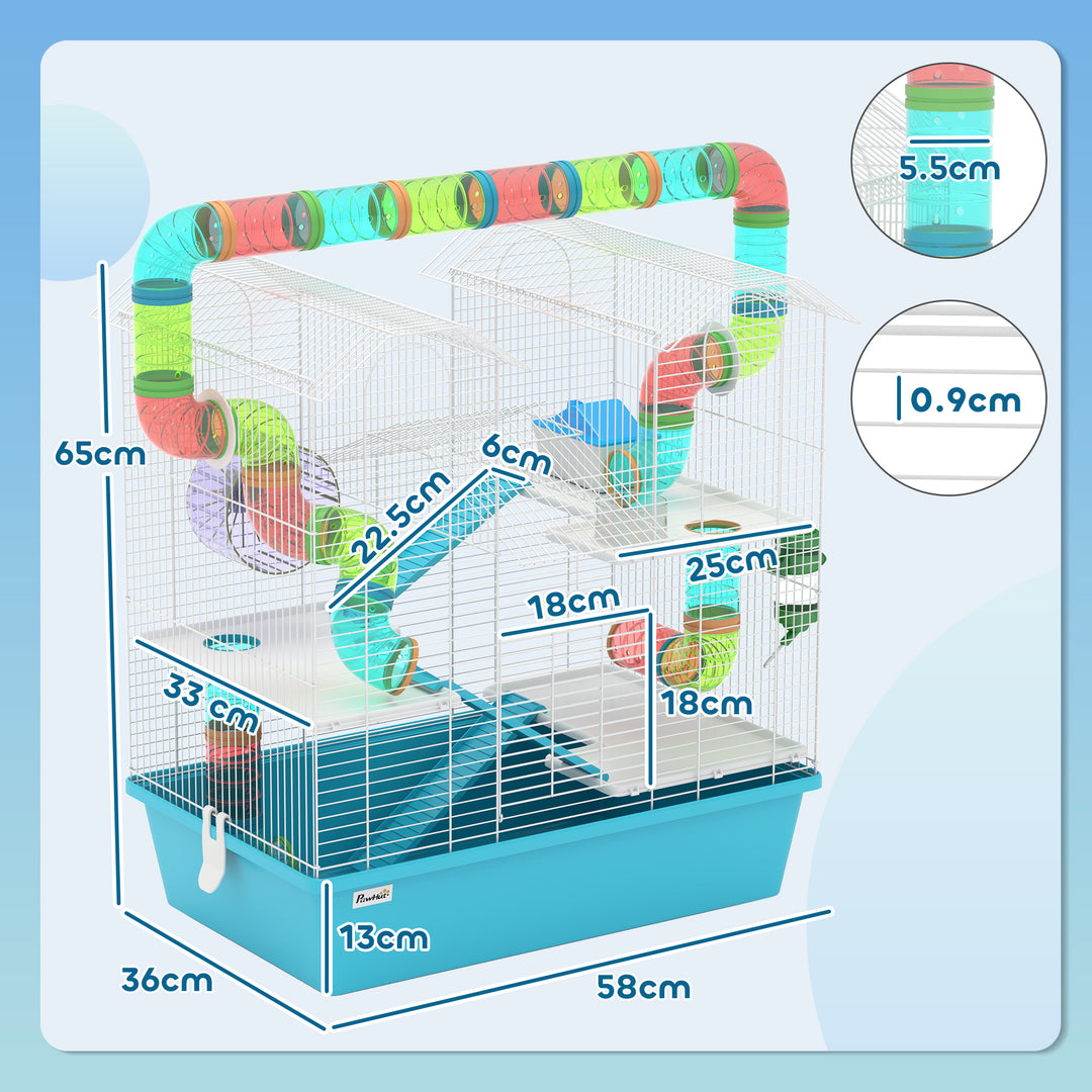 4 Tier Hamster Cage w/ Tubes, Exercise Wheel, Hut, Water Bottle, Food Dish, Ramps, for Dwarf Hamster, Light Blue