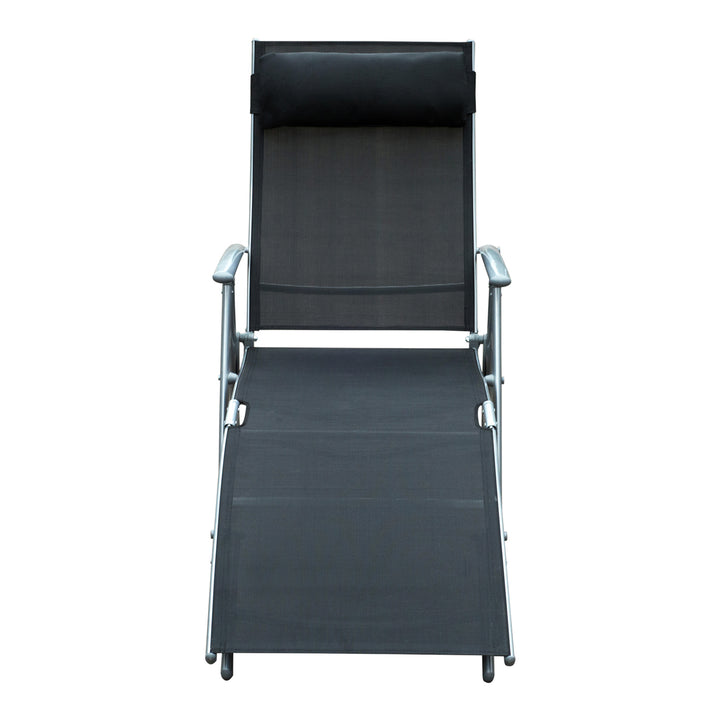 Sun Lounger Steel Frame Outdoor Folding Chaise Texteline Lounge Chair Recliner with Headrest & 7 Levels Adjustable Backrest, Black