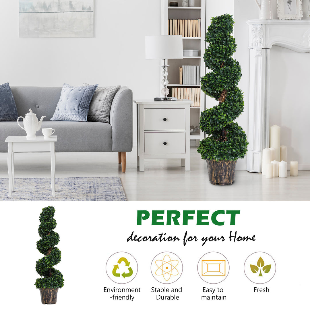 Outsunny Set of 2 Artificial Boxwood Spiral Topiary Trees Potted Decorative Plant Outdoor and Indoor Décor 120cm